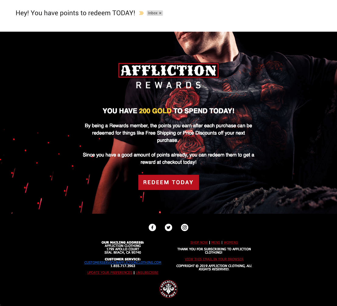 Affliction Rewards redemption campaign email