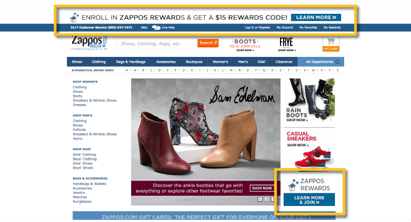 zappos rewards homepage cta