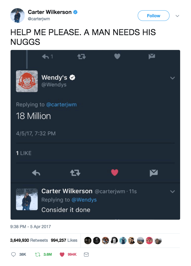 Wendy's gave carter one of the best rewards with a lifetime supply of nuggets