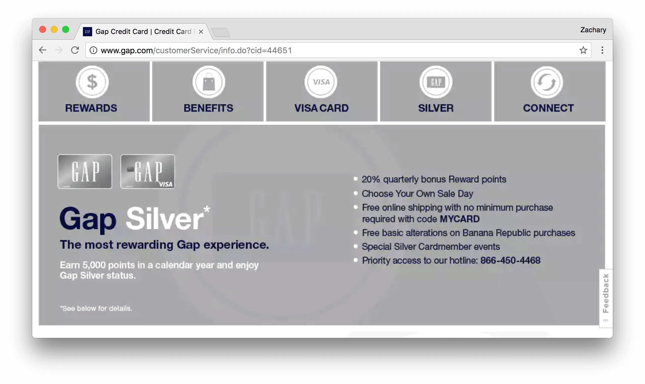 Gap Visa Card Silver Explainer page