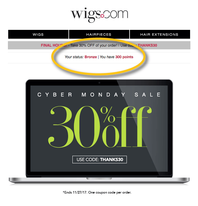 Wigs.com email with loyalty point balance and VIP tier