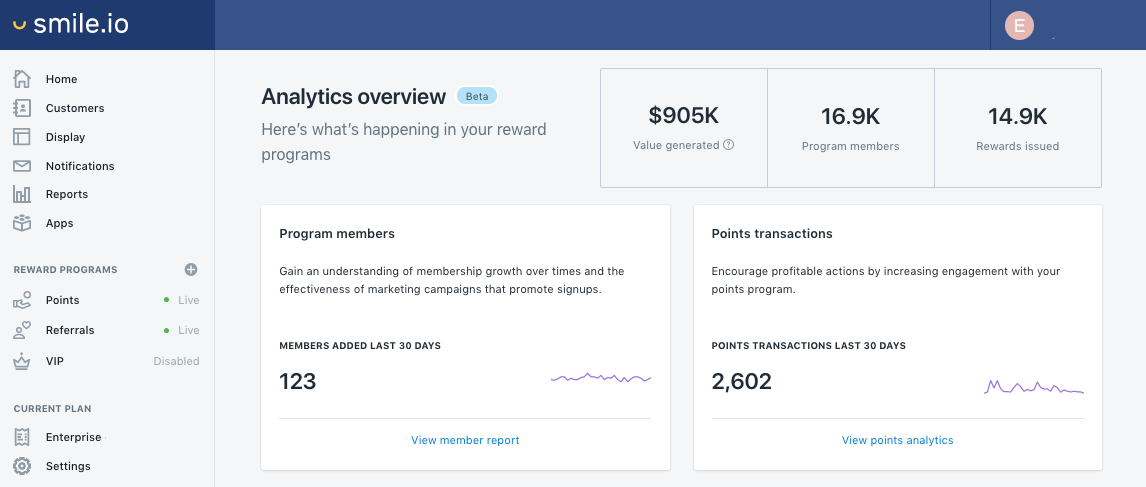 Smile Analytics dashboard