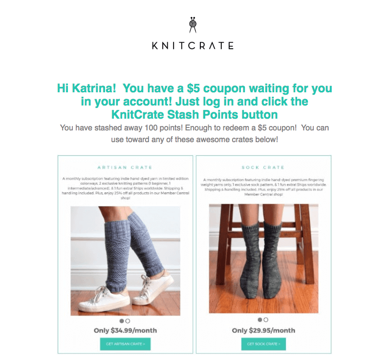 Reactivation rewards email from Knitcrate