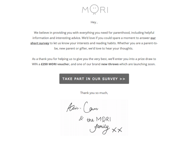 Email from Mori requesting customer feedback