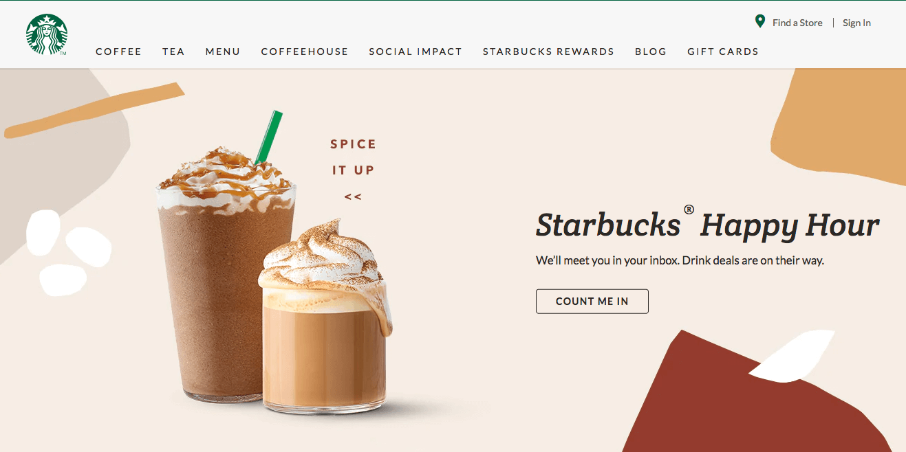 Best Brand Communities - Starbucks home page spice it up pumpkin spice lattes happy hour