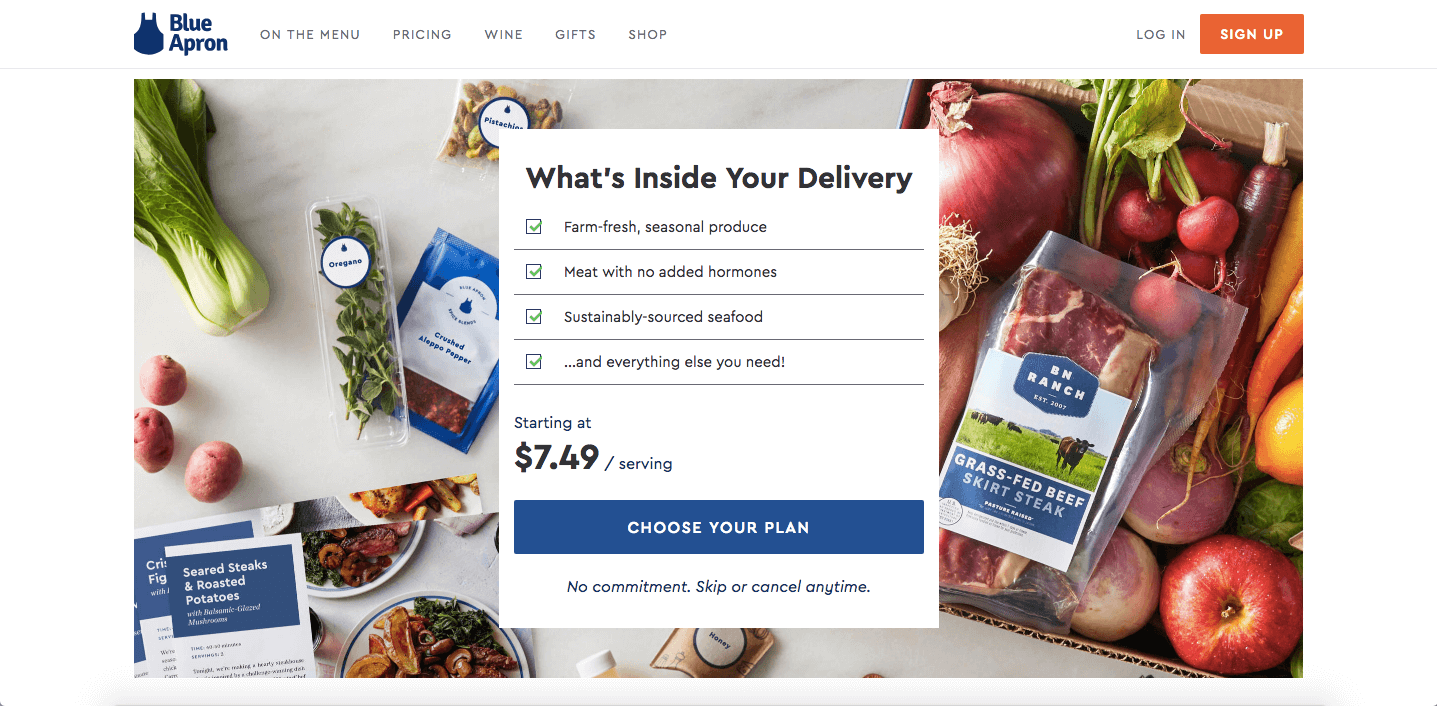 Transactional business Blue Apron's homepage