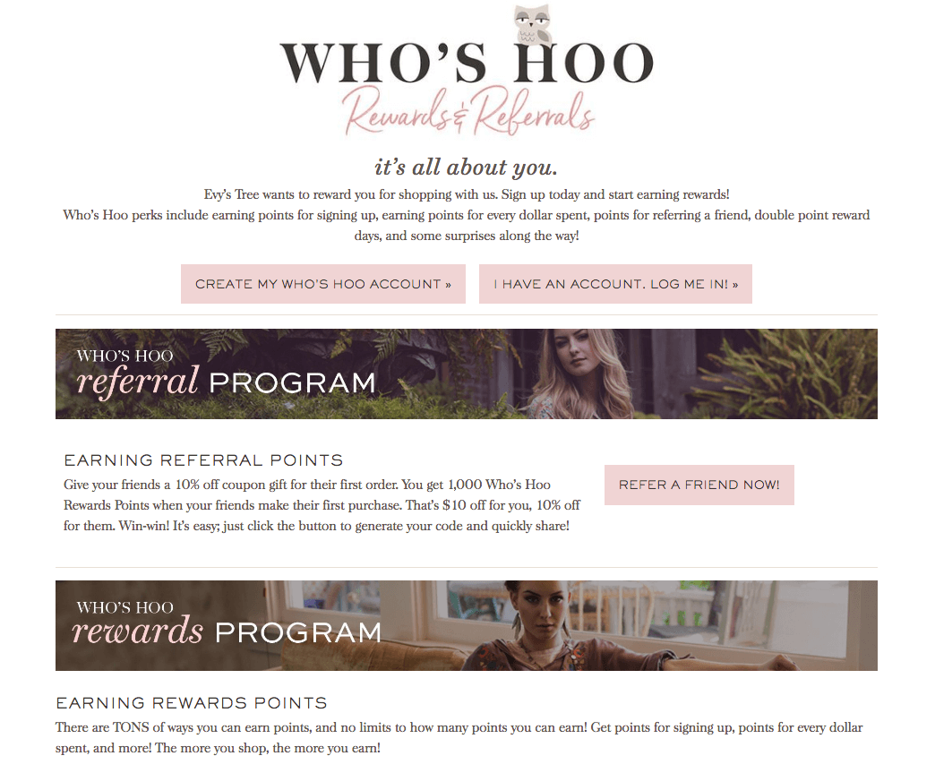 evy's tree's Who's Hoo Rewards explainer page