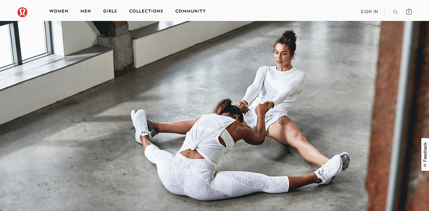 Lululemon's homepage with two women working out together