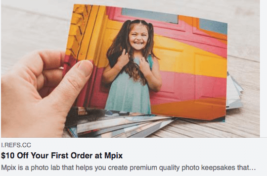 How to Turn Customer into Brand Advocates - Mpix social referral hand holding a picture of a girl $10 off first order