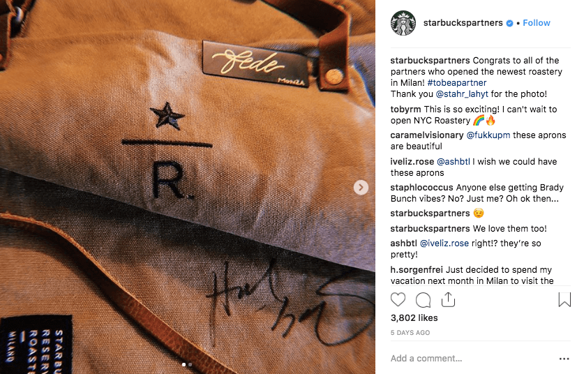 How to Turn Customer into Brand Advocates - Starbucks Partners Instagram - Apron for new Reserve Roastery in Milan
