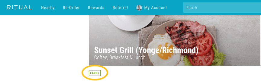 Ritual Rewards Case Study - Sunset Grill partner listing with Earn+ symbol