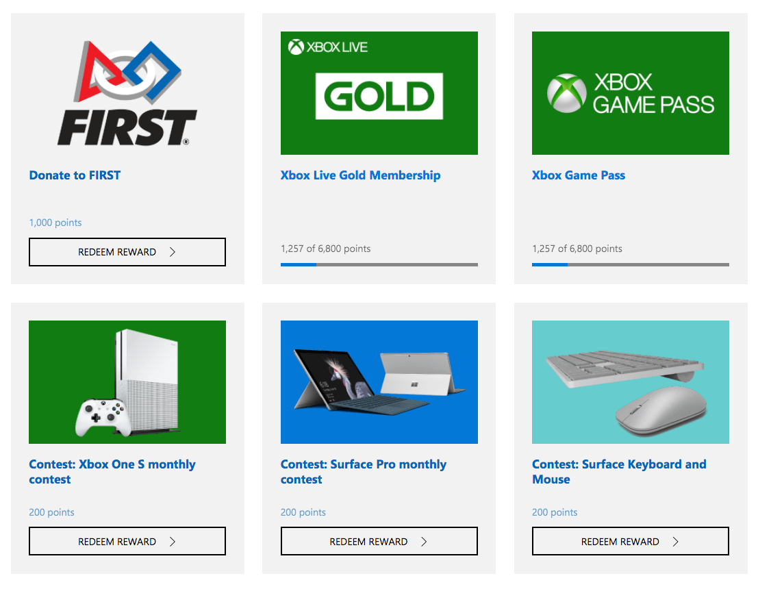 Sample of some of the prize offerings from Microsoft Rewards