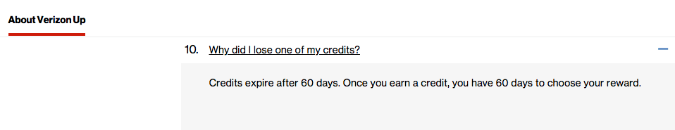 Verizon Up Rewards  - Why did I lose credit 60 day expiry FAQ