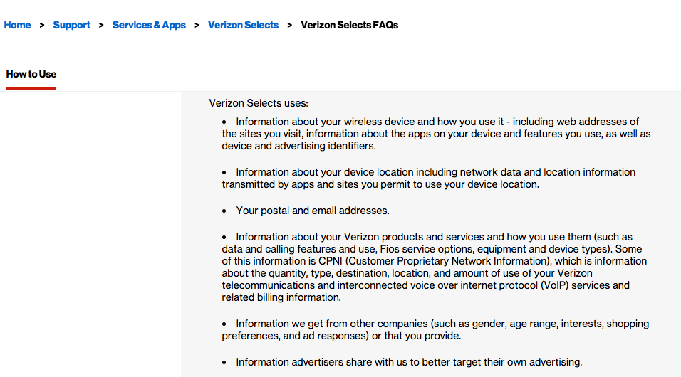 Verizon Up Rewards - Verizon Selects customer data collection sources