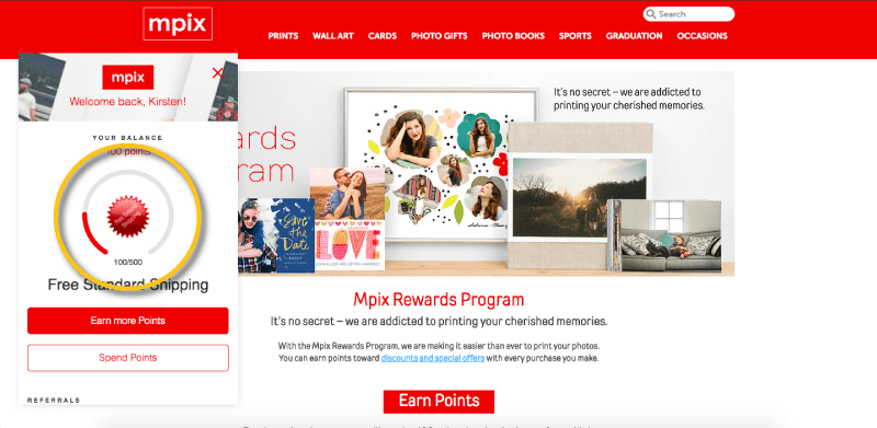 Mpix displays progress to the next reward in their customer rewards panel