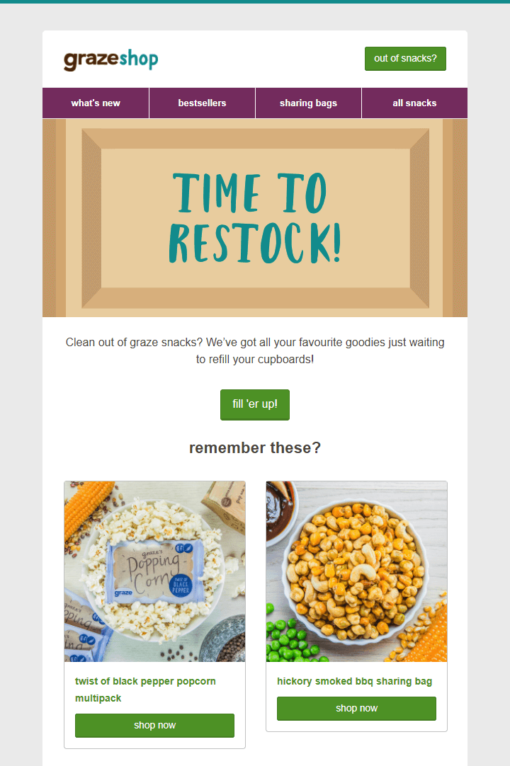 Post-purchase emails - Graze - restock 