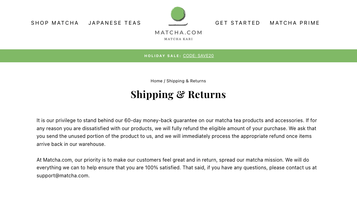 A screenshot from ecommerce retailer Matcha.com's Shipping & Returns page. Includes information on a 60-day money-back guarantee.