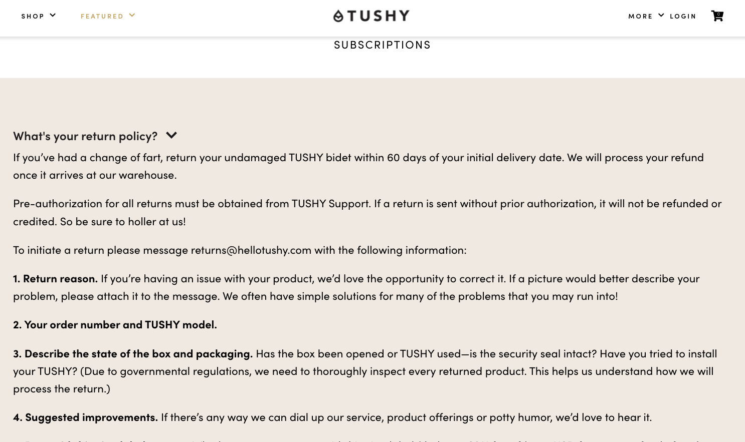 A screenshot from ecommerce retailer Tushy's returns page. Includes a request for customers to indicate the reason for their return.