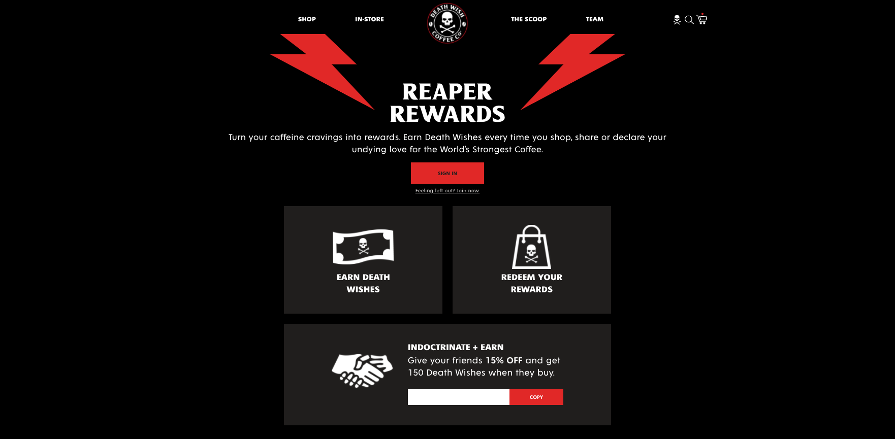 Best loyalty programs 2021 example 9–Screenshot of Death Wish Coffee's Reaper Rewards page