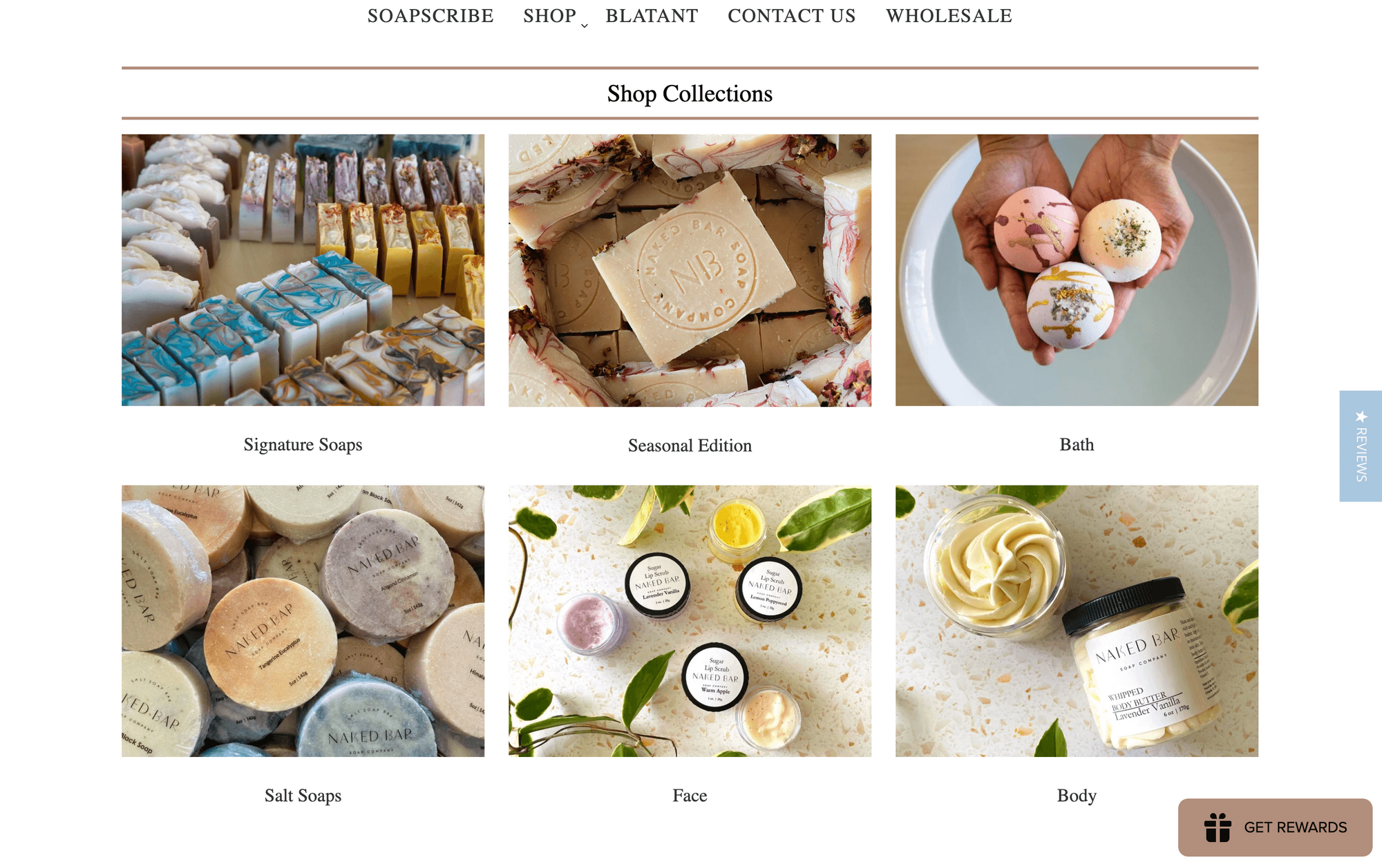 Valentine’s Day Gift Guide–A screenshot from Naked Bar Soap’s homepage. The title is “Shop collection” and there are 6 images of their product collections: Signature Soaps, Seasonal Edition, Bath, Salt Soaps, Face, and Body. 
