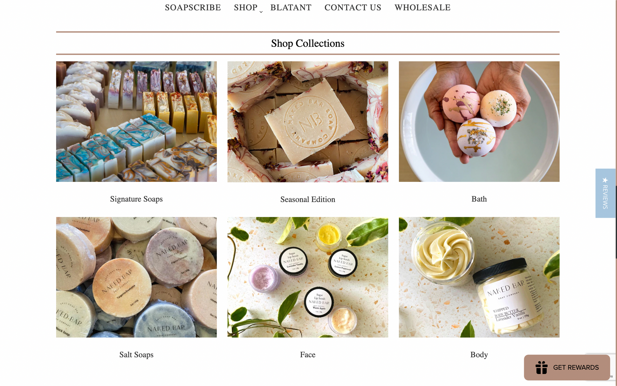 Valentine’s Day Gift Guide–A screenshot from Naked Bar Soap’s homepage. The title is “Shop collection” and there are 6 images of their product collections: Signature Soaps, Seasonal Edition, Bath, Salt Soaps, Face, and Body.