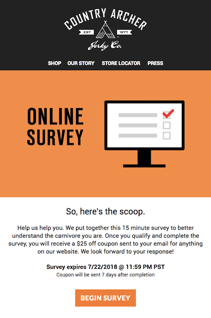 Collect customer feedback online– An email from Country Archer asking customers to take a 15 minute online survey. 