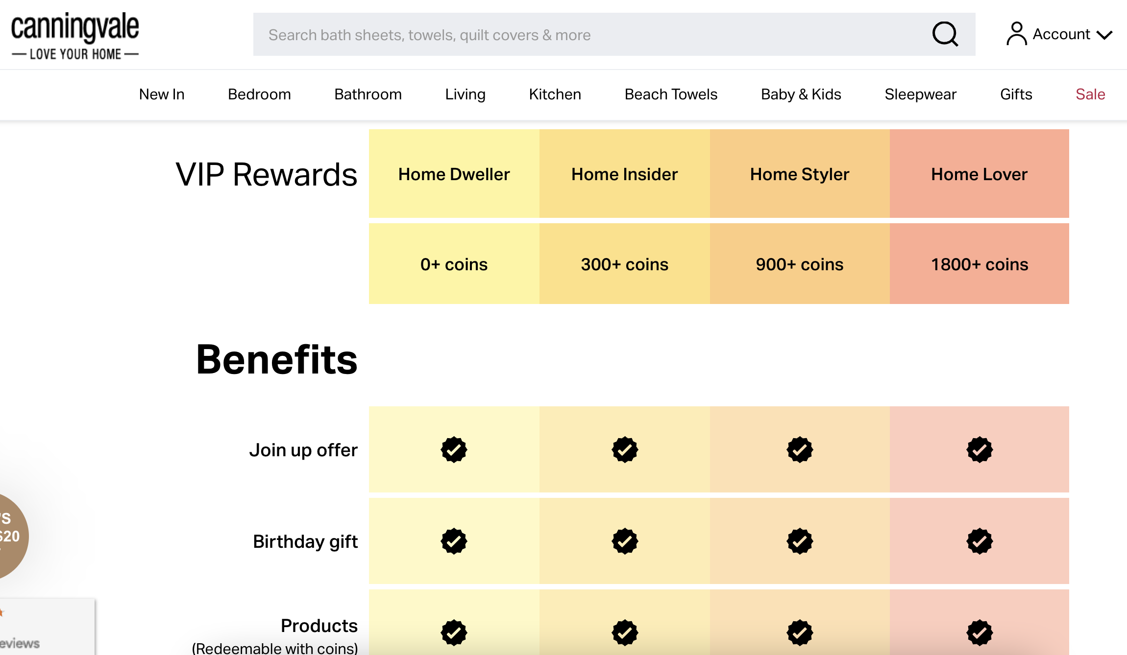 How Gamification Can Improve Your VIP Loyalty Program – A screenshot from Canningvale homeware VIP rewards program explainer page with text reading, “VIP Rewards and Benefits”