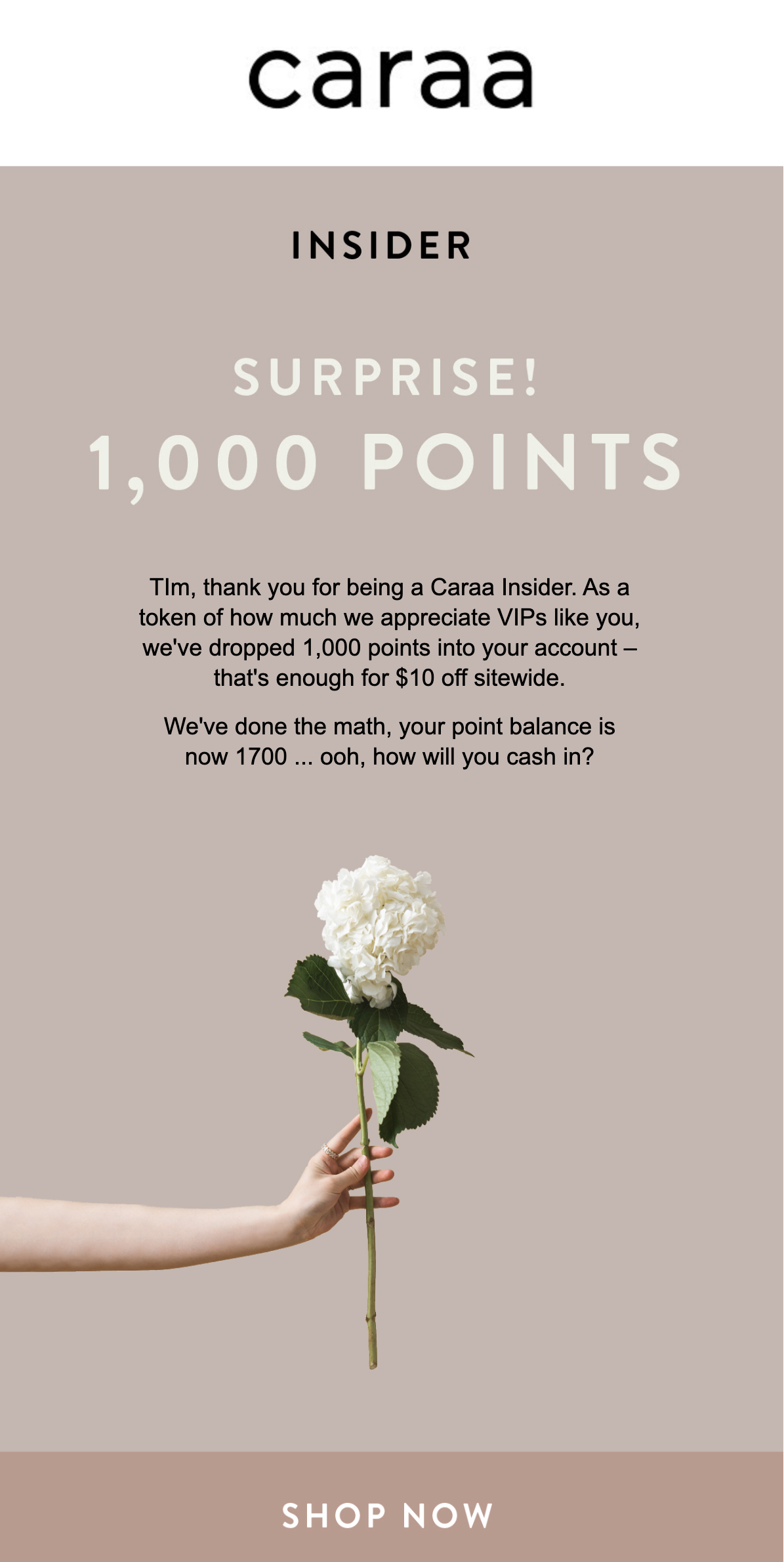 Best Loyalty Program Email Examples–A screenshot of an email from Caraa offering readers 1,000 points. The email is a plain brown background with a hand holding a white flower in the middle of it. The title is, "Insider. Surprise! 1,000 Points" and the message thanks the reader for their loyalty and offers 1,000 bonus points, equivalent to $10 off. 
