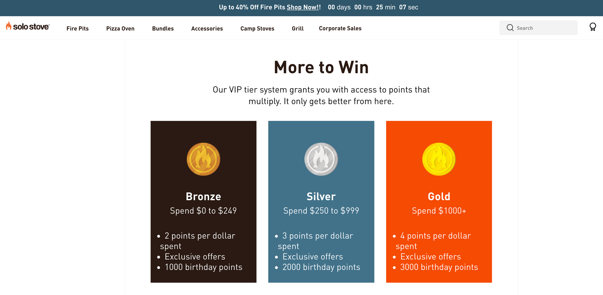 How Gamification Can Improve Your VIP Loyalty Programl–A screenshot from Solo Stove rewards program explainer page with text reading, “More to win, our VIP tier system grants you with access to points that multiply. It only gets better from here.” 