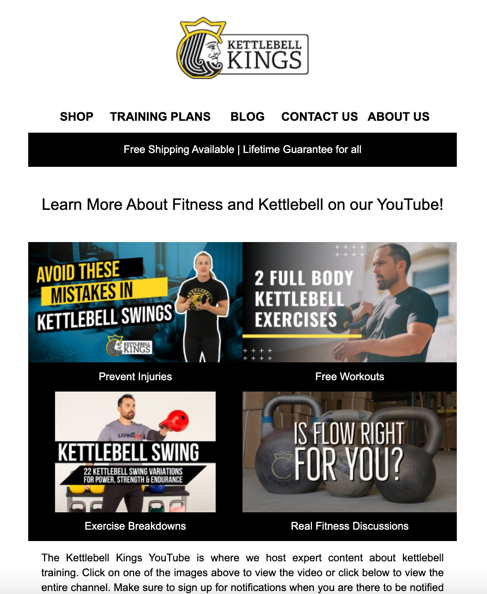 Building a brand’s community through email marketing–A screenshot from Kettlebell Kings with text saying ‘learn more about fitness and kettlebell on our youtube’