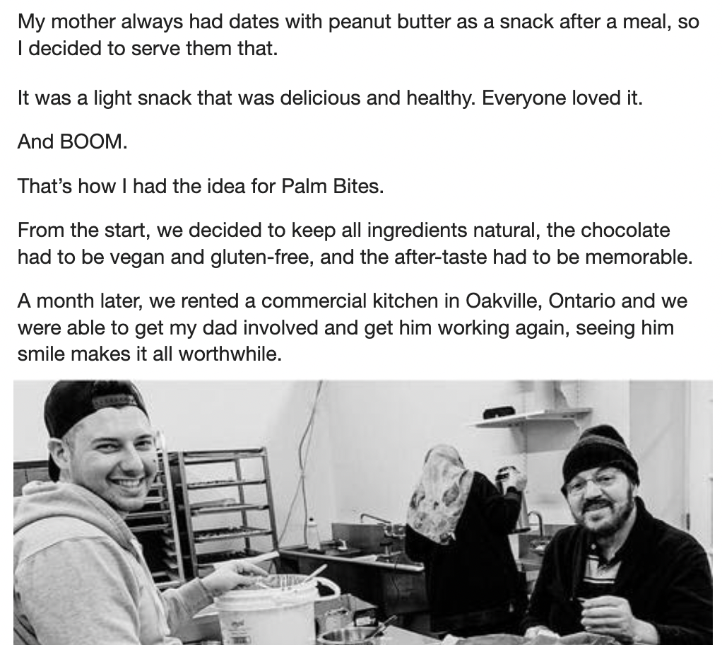 Building a brand’s community through email marketing – A screenshot from Palm Bites with an email of text talking about their beginnings and a photo from the founders.