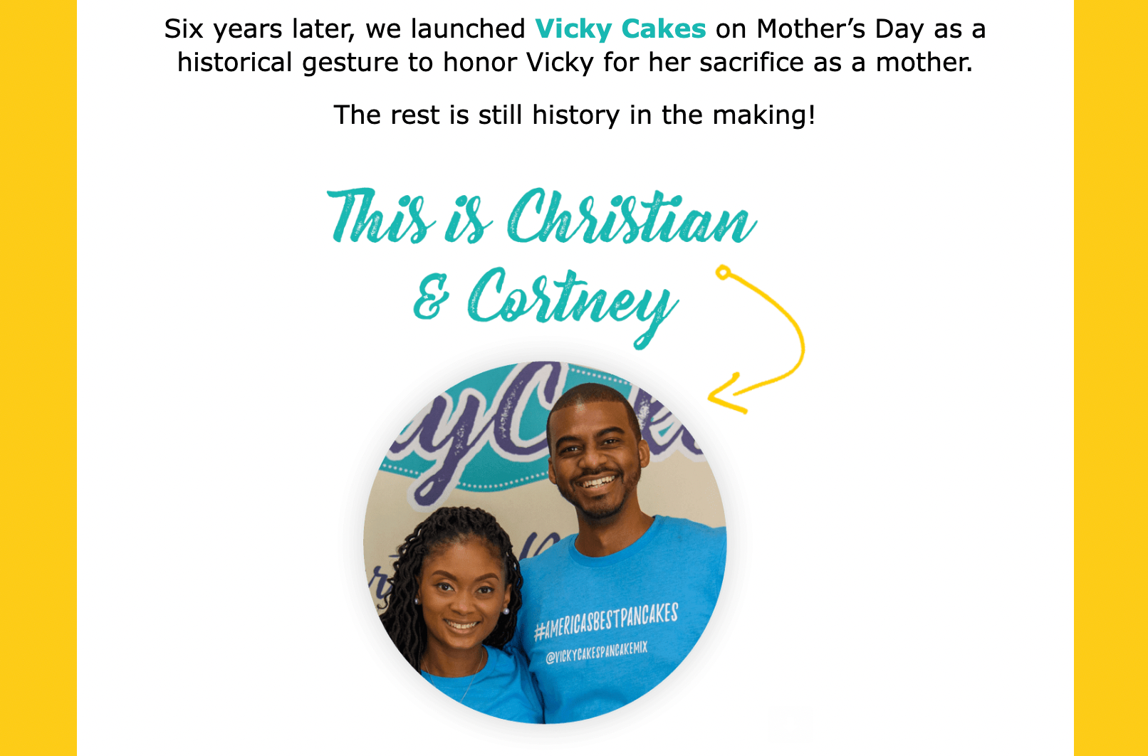 Building a brand’s community through email marketing – A screenshot from Vicky Cakes with text and content introducing the co-founders.