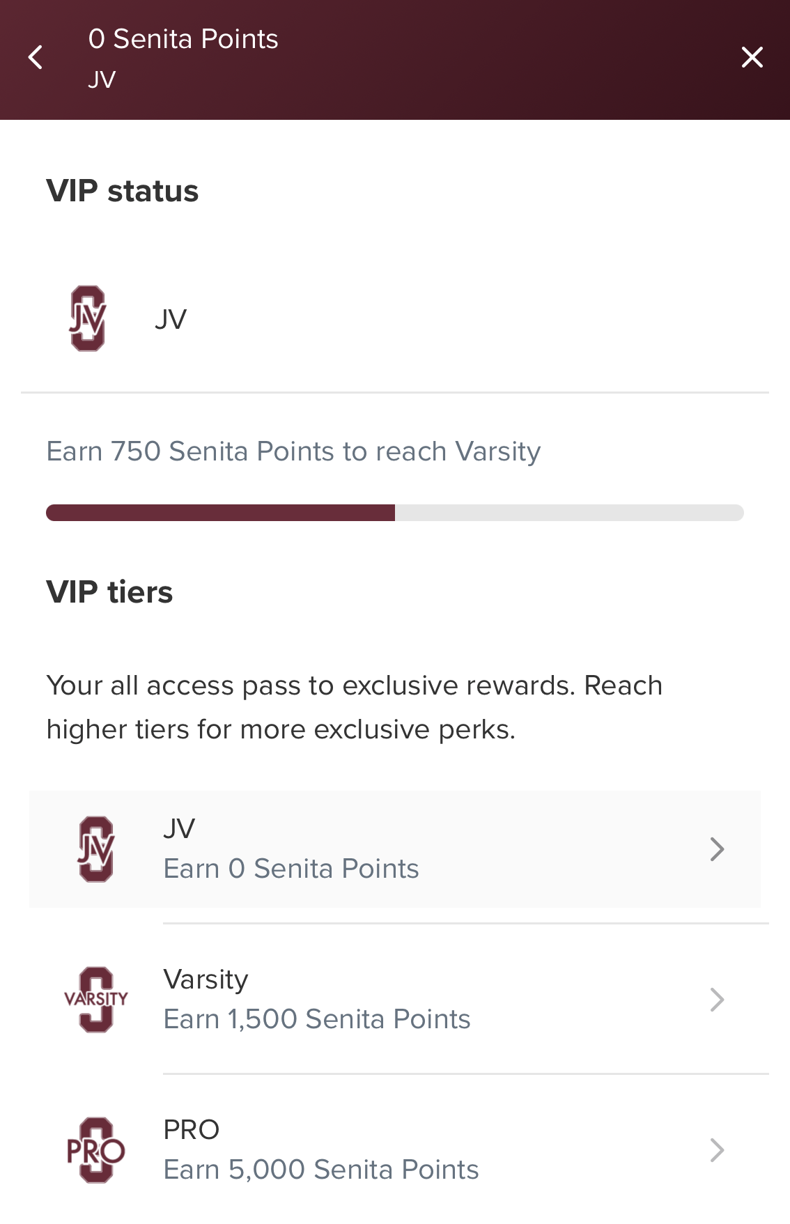 How Gamification Can Improve Your VIP Loyalty Program – A screenshot from Senita Athletics branded rewards program module with shows the VIP tier.