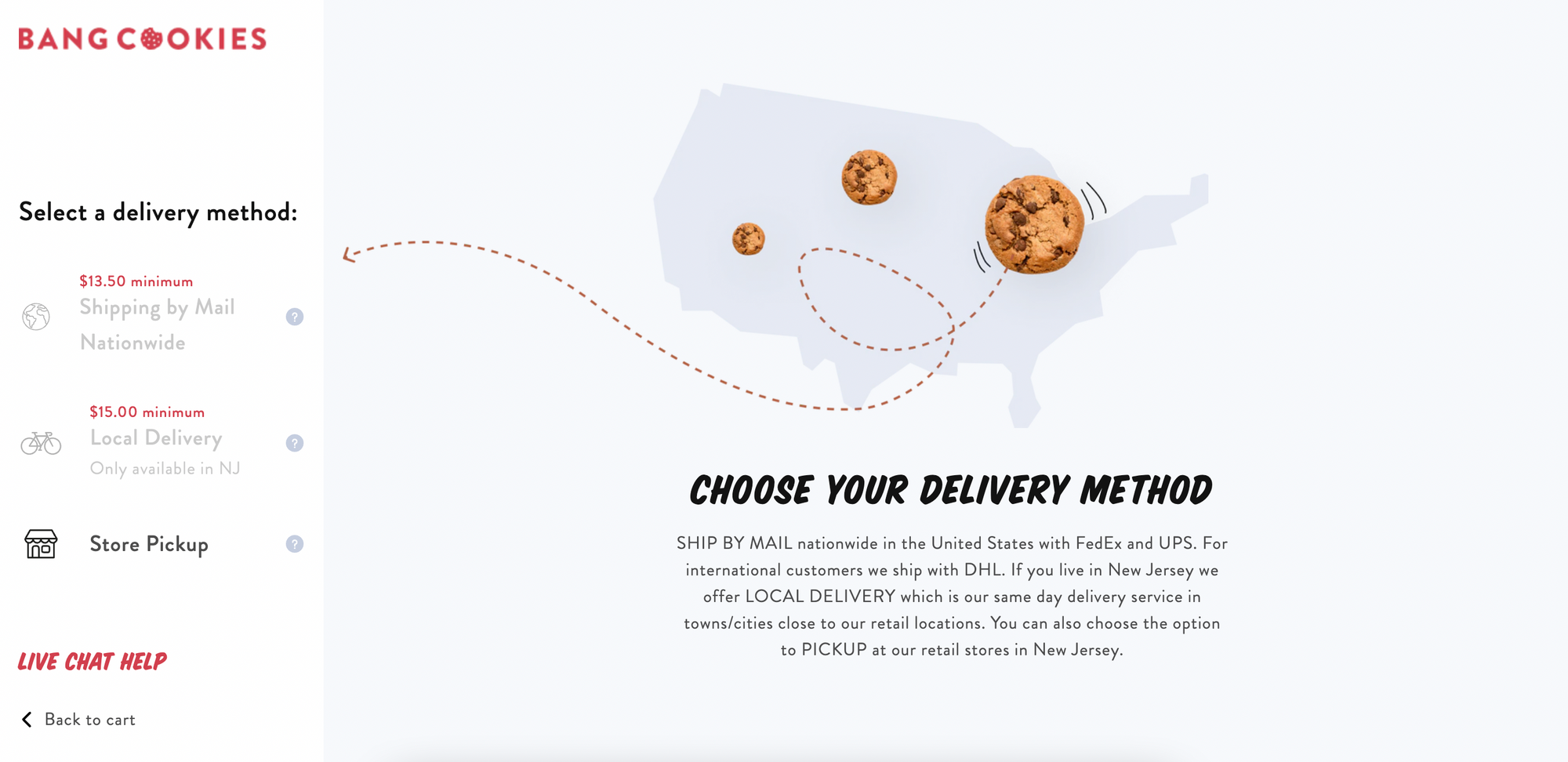  What is omnichannel commerce with examples - this is a screenshot of bang cookies and their different delivery methods with text saying “choose your delivery method.”