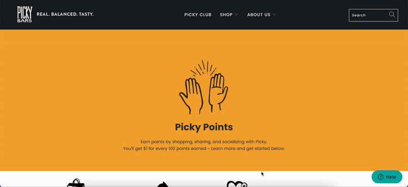 How Do I Explain My Loyalty Program to My Customers? - gif screen recording of picky bars loyalty program explainer page