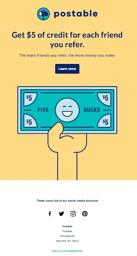 5 Ways to Increase Retention With Email & SMS Marketing - screenshot of postable with text saying "get $5 of credit for each friend you refer" 