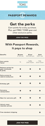 5 Ways to Increase Retention With Email & SMS Marketing - screenshot of TOMS passport rewards with text saying " Get the perks" 