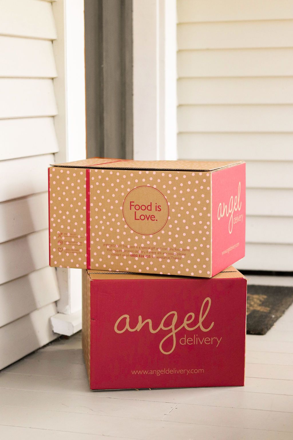 Food is Love with Angel Delivery #SmileABCs blog series photo of angel delivery boxes on the doorstep