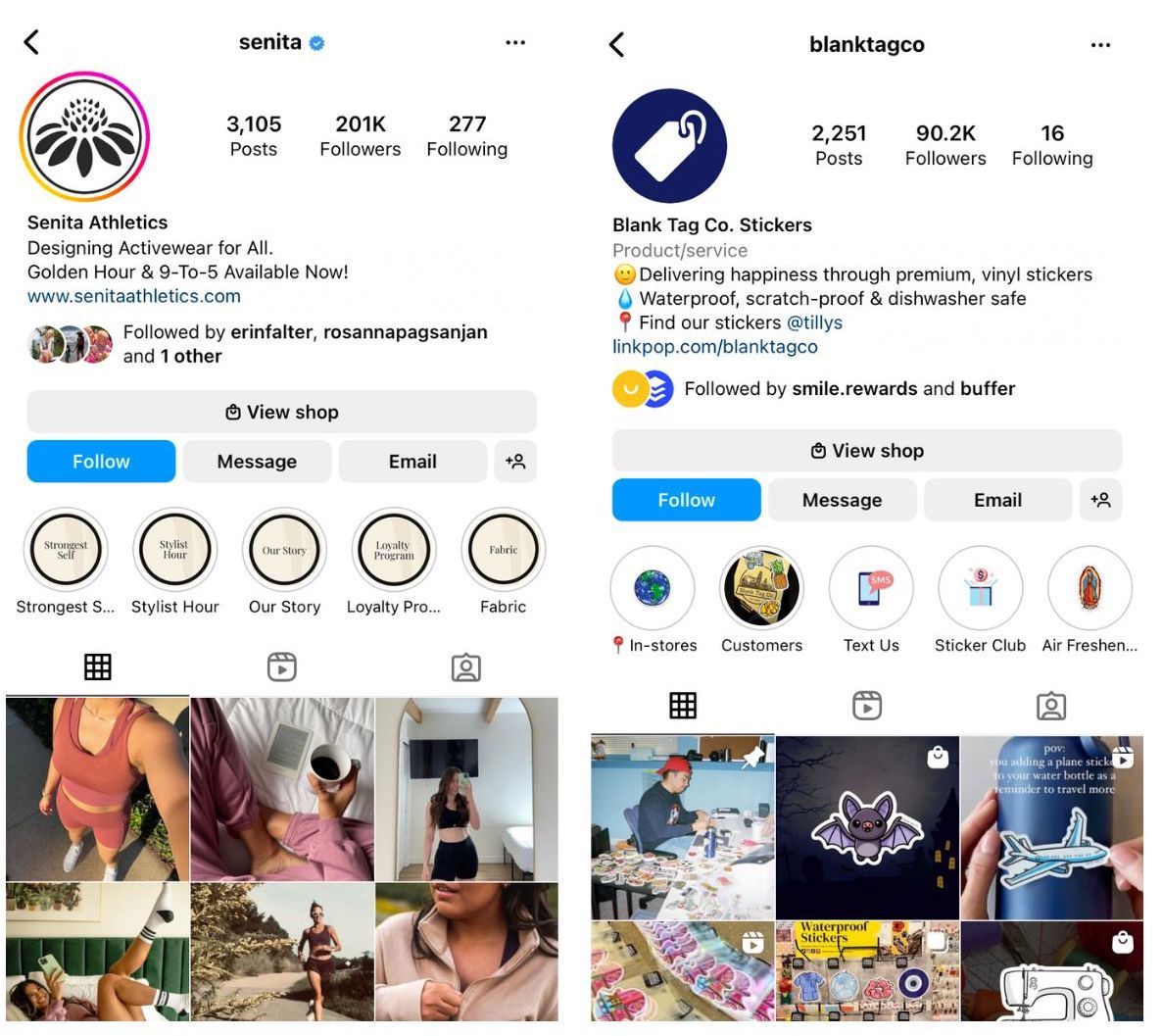 How to Promote Your Loyalty Program on Instagram - screenshots of senita athletics and blank tag co. instagram profile