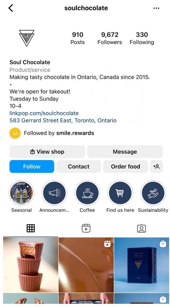 How to Promote Your Loyalty Program on Instagram - screenshot of Soul Chocolate 