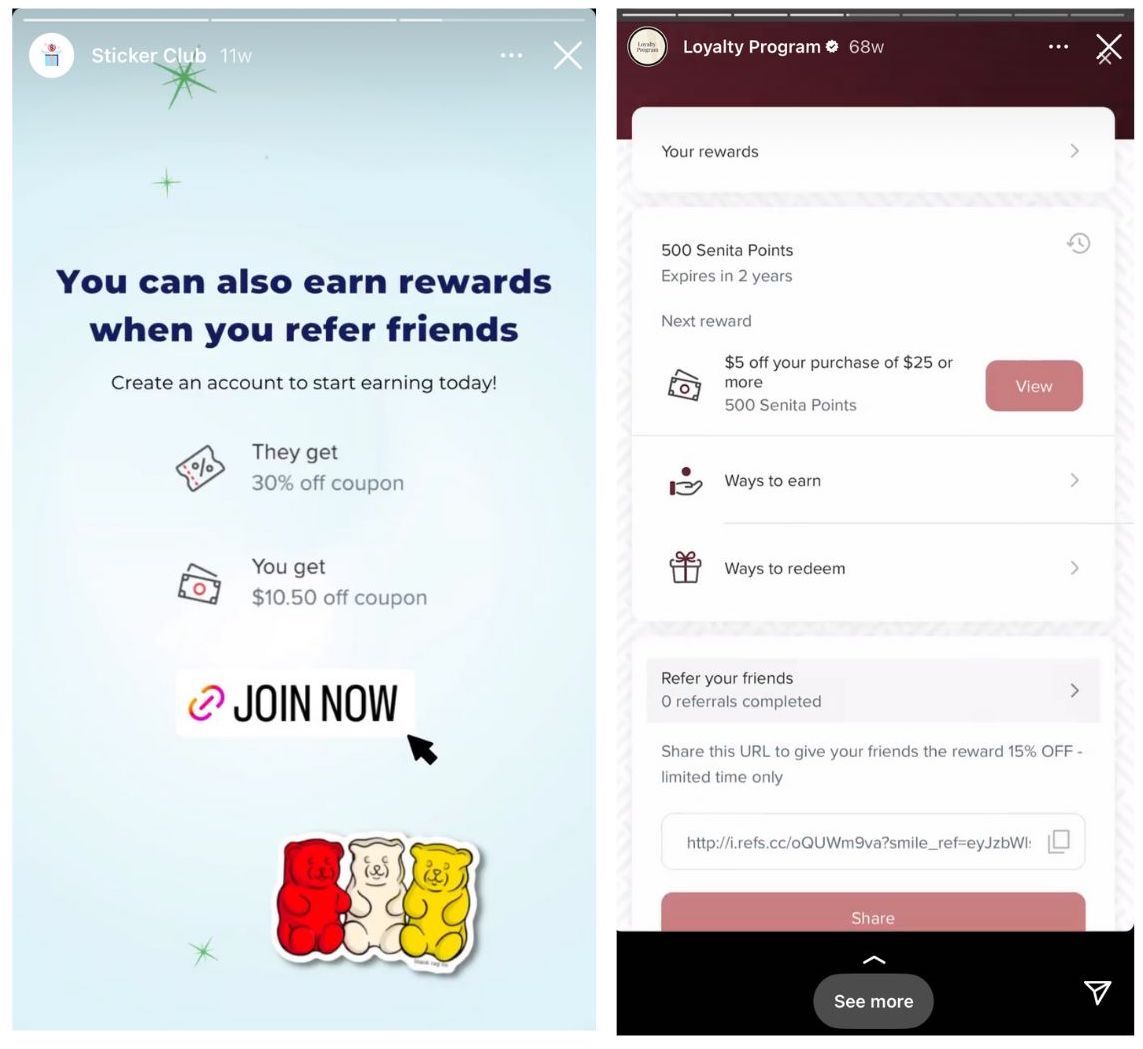 How to Promote Your Loyalty Program on Instagram - screenshot of Blank Tag Co and Senita Athletics instagram stories showing their loyalty program