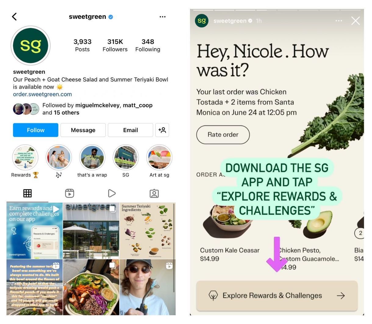 ALT How Sweetgreen Launched its Summer Rewards Program article - screenshot of sweetgreen’s instagram account and instagram story