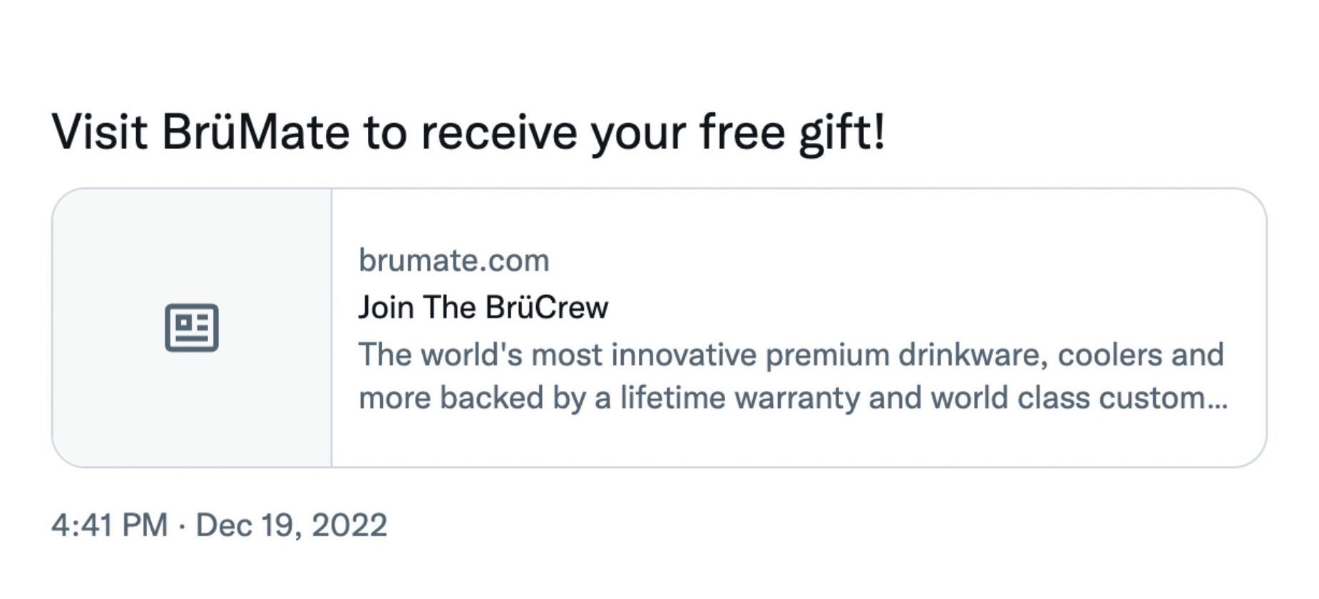 Tweet screenshot of BrüMate's referral message that says "visit BrüMate to receive your free gift"