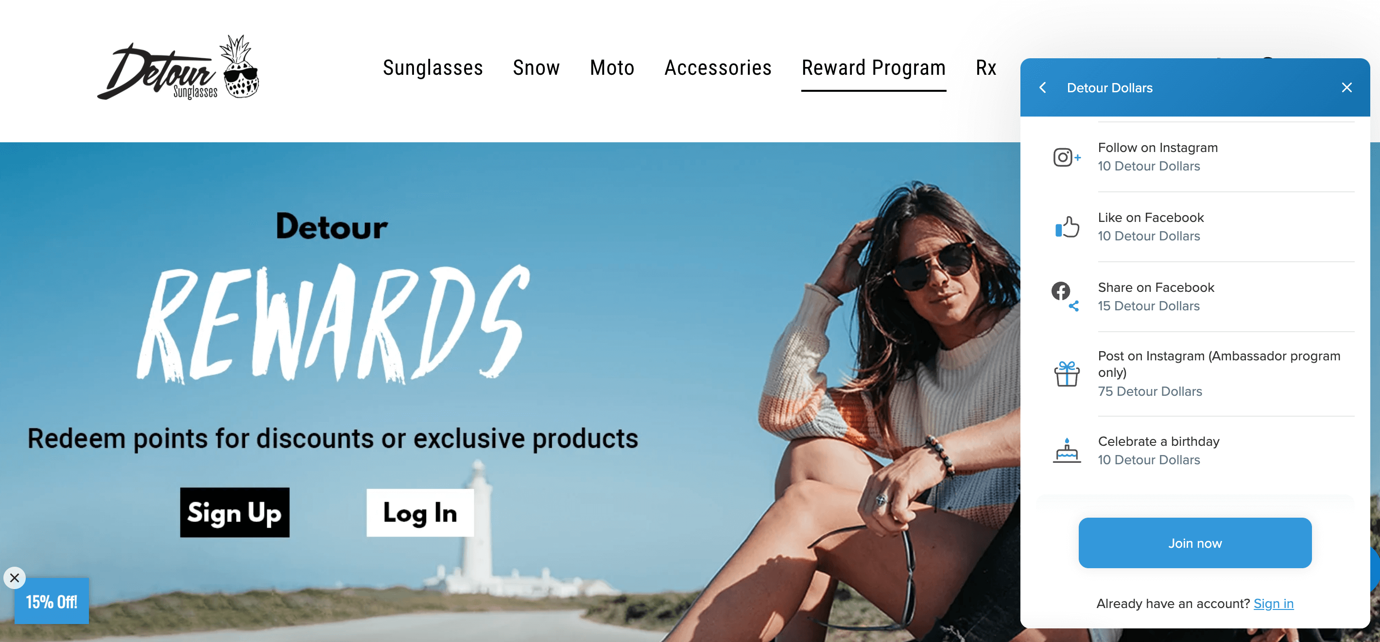 screenshot of Detour Sunglasses homepage with their rewards program panel