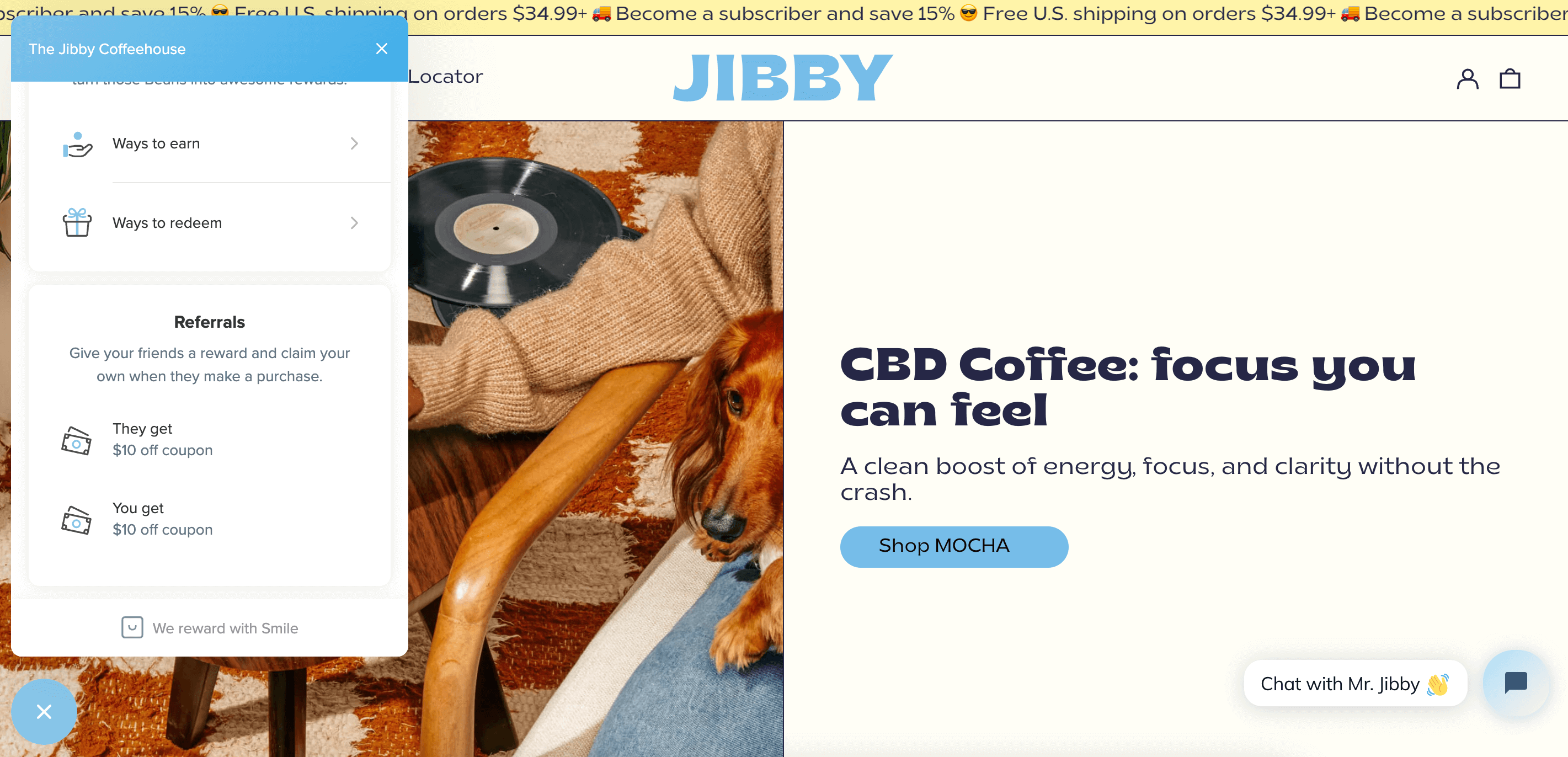 screenshot of Jibby Coffee's homepage