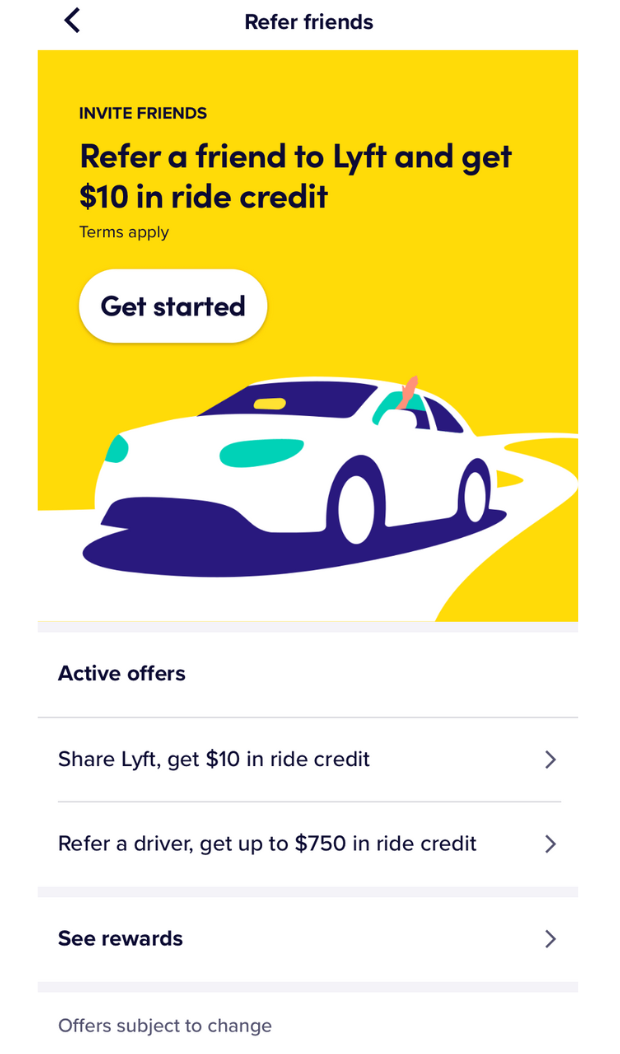 screenshot of Lyft's referral program instructions in their app