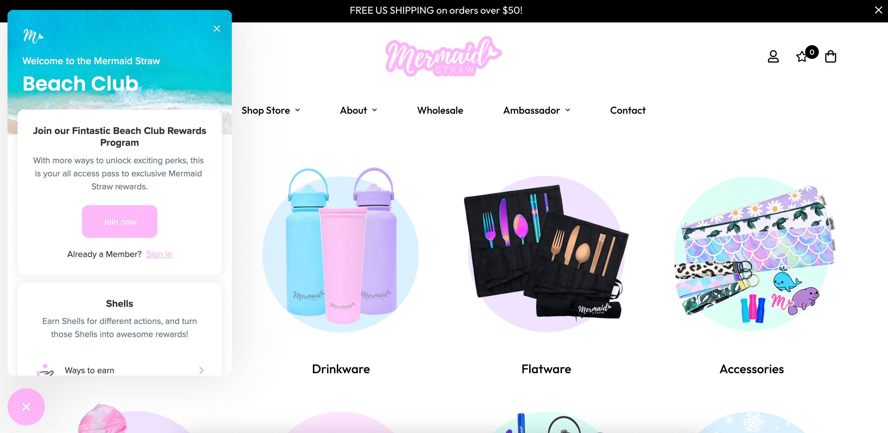 screenshot of Mermaid Straw's website showing their loyalty program