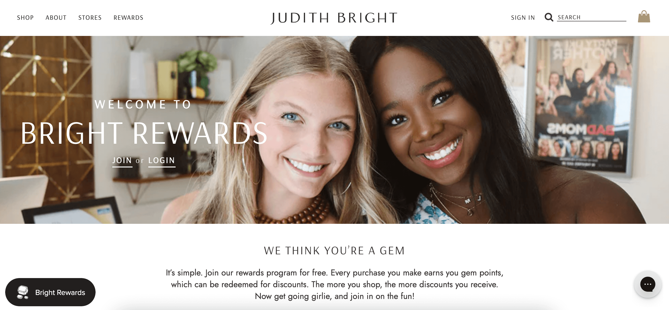 screenshot of Judith Bright's rewards homepage showing two smiling friends