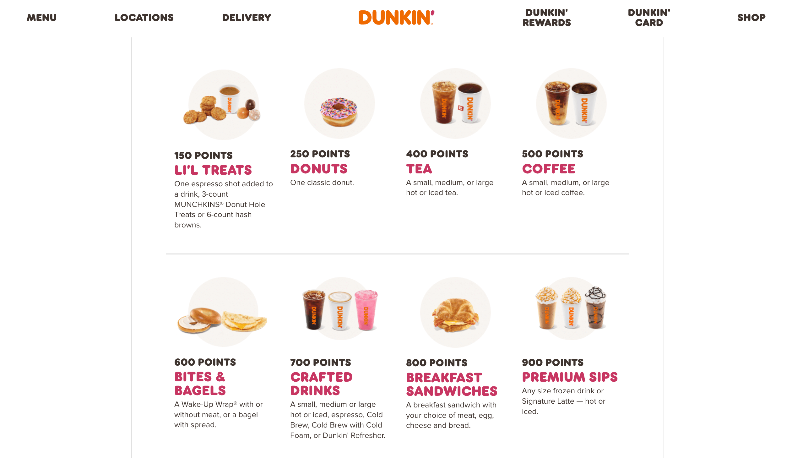 screenshot of the type of rewards users can get at dunkin donuts