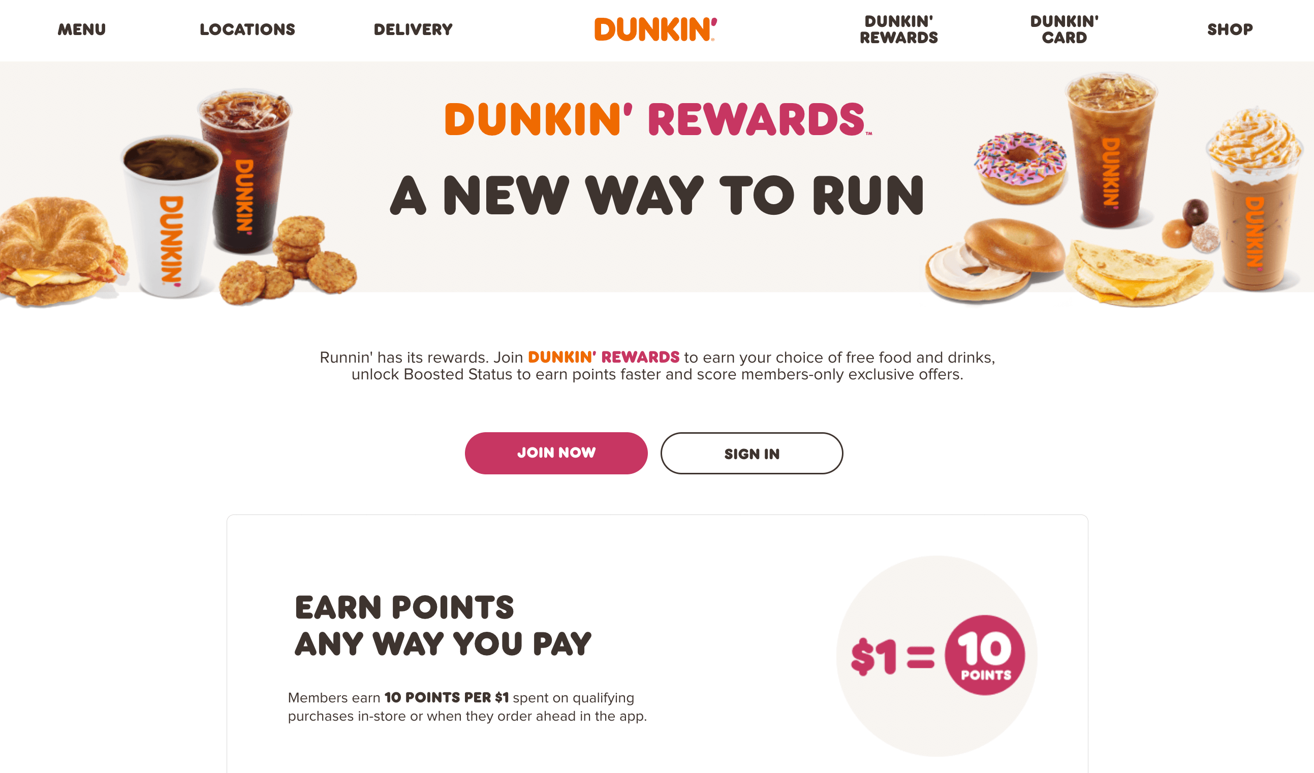 screenshot of dukin donuts rewards homepage
